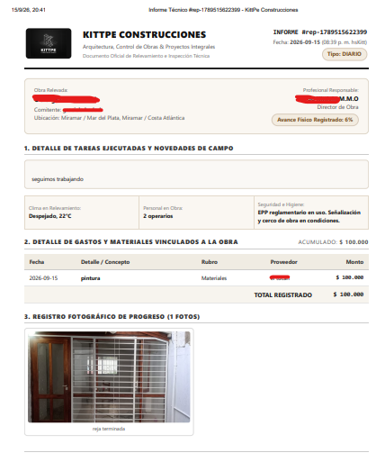 Informe técnico de avance y gastos de una obra KittPe